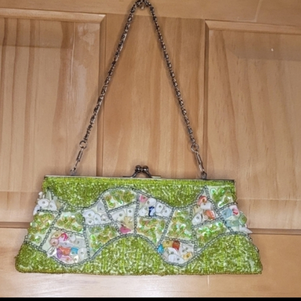 Vintage Beaded Kiss Lock Clutch Bag Green Cottagecore Garden Party Crossbody - Picture 6 of 11